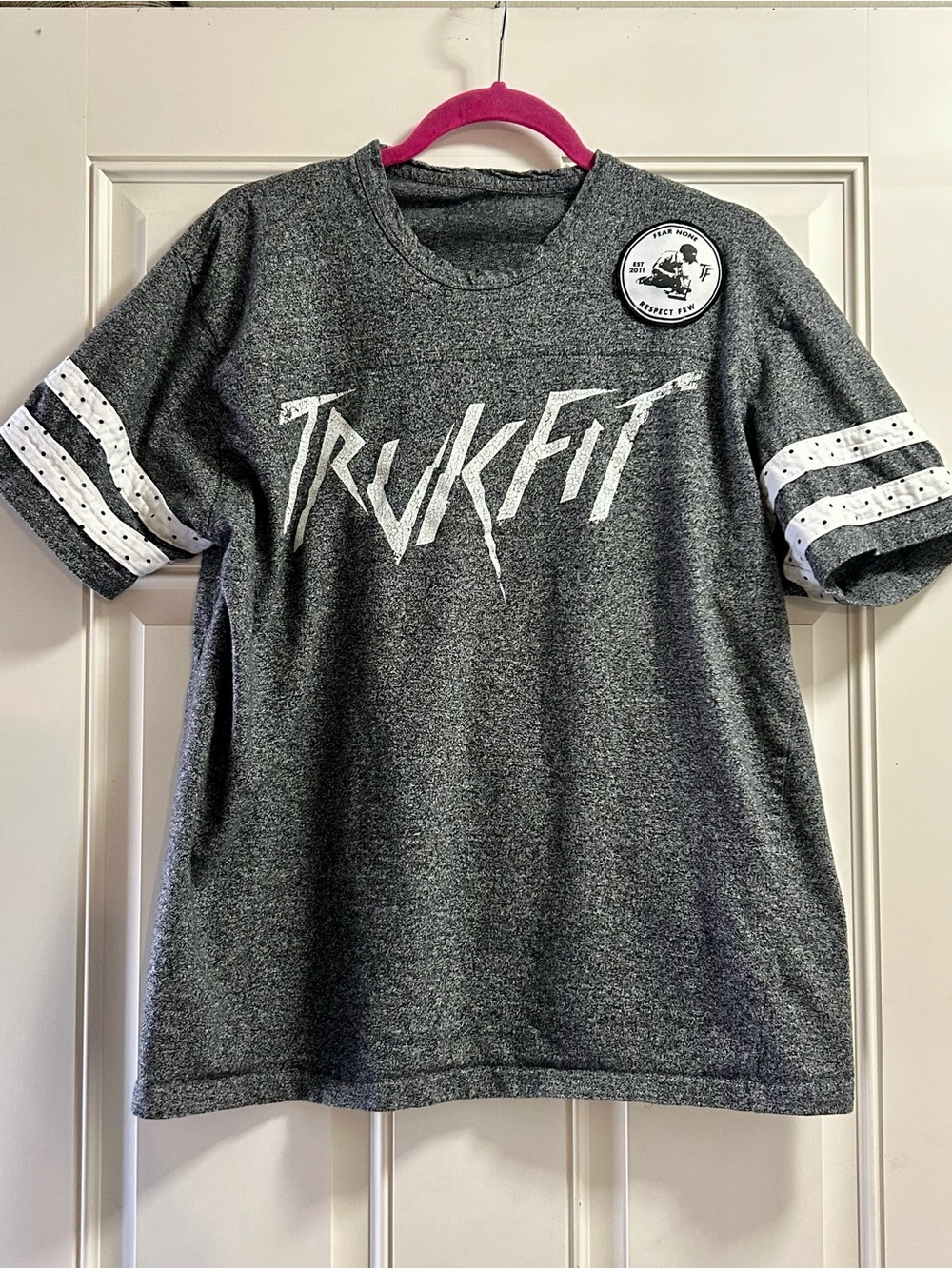 Trukfit Gray Tee with White Logo & Sleeve Stripes